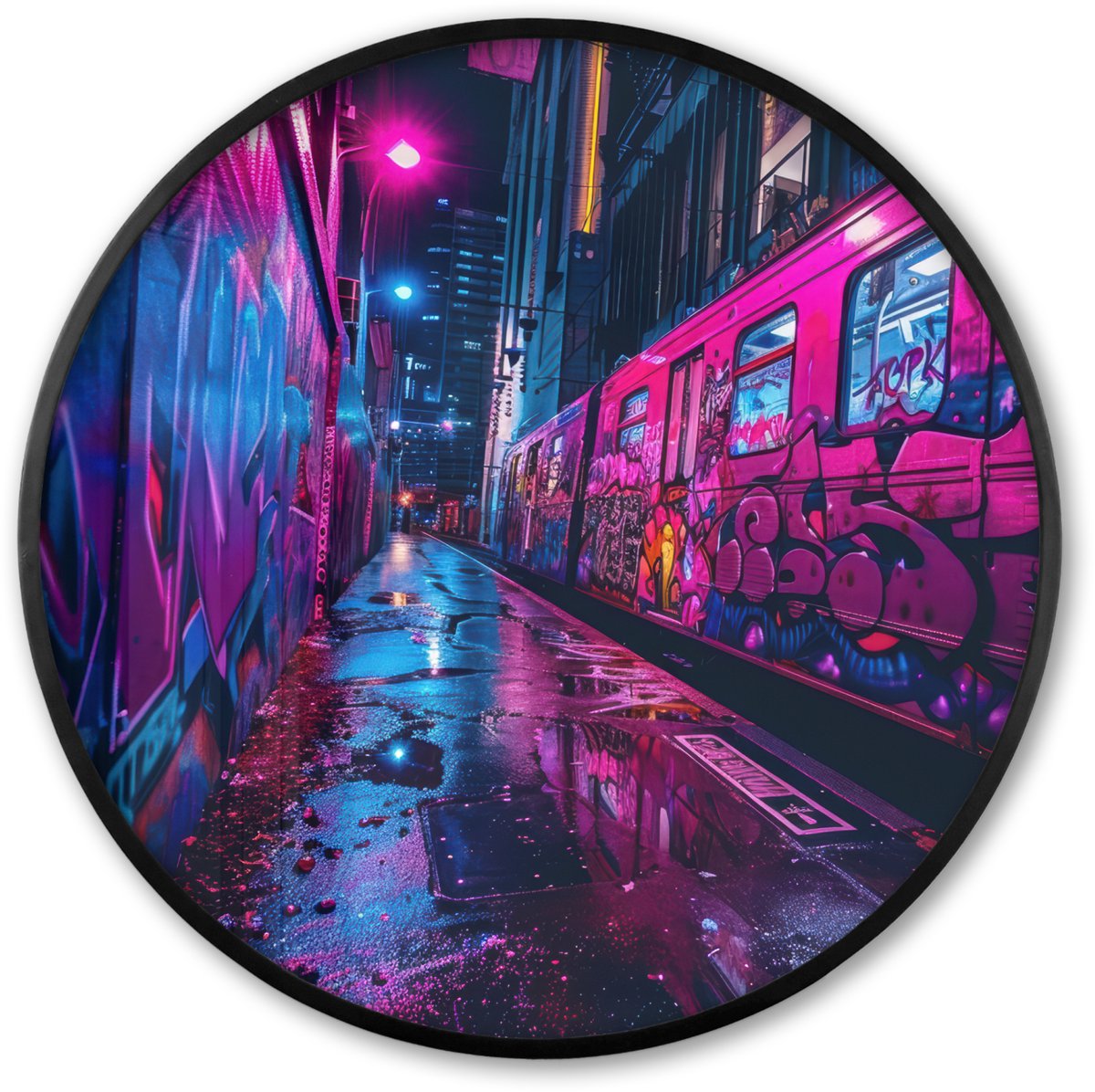 FrameYourWall Poster in lijst Rond - Fotolijst 80x80 cm - Posters - Stad - Neon - Nacht - Roze - Graffiti - Ronde posterlijst zwart - Decoratie - Wanddecoratie woonkamer - Muurdecoratie slaapkamer