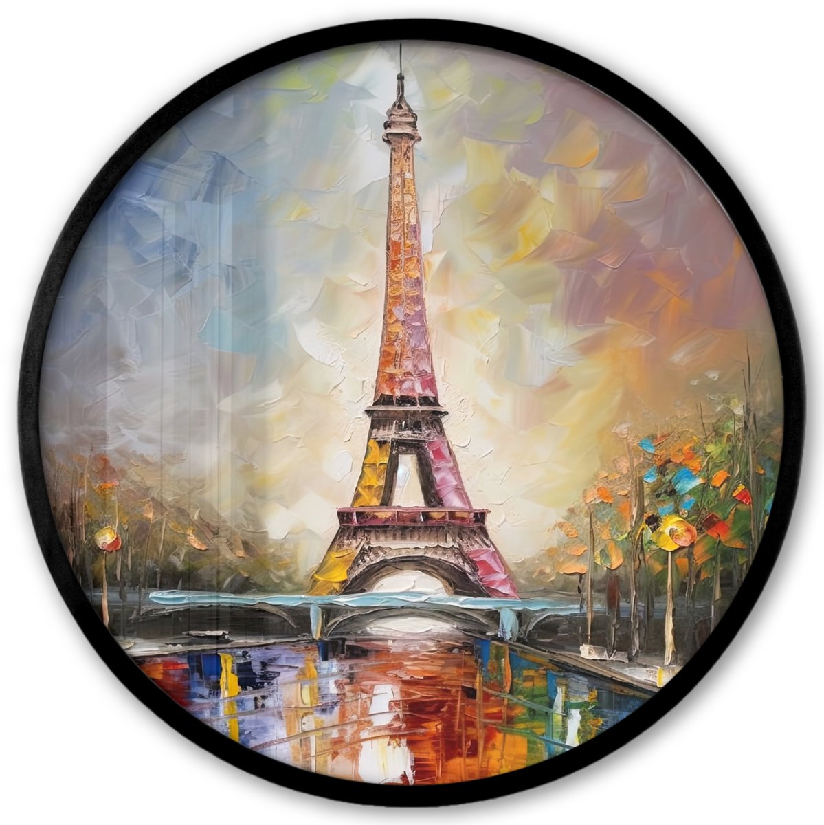 FrameYourWall Poster in lijst Rond - Fotolijst 40x40 cm - Posters - Eiffeltoren - Schilderij - Olieverf - Parijs - Ronde posterlijst zwart - Decoratie - Wanddecoratie woonkamer - Muurdecoratie slaapkamer Oil painting - Parijs