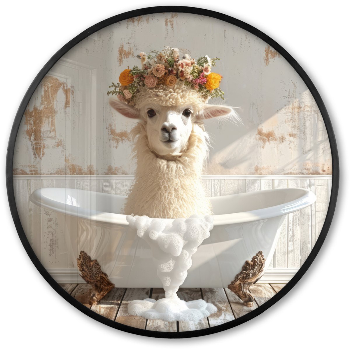 FrameYourWall Poster in lijst Rond - Fotolijst 80x80 cm - Posters - Vintage - Alpaca - Badkuip - Bloemen - Dieren - Ronde posterlijst zwart - Decoratie - Wanddecoratie woonkamer - Muurdecoratie slaapkamer