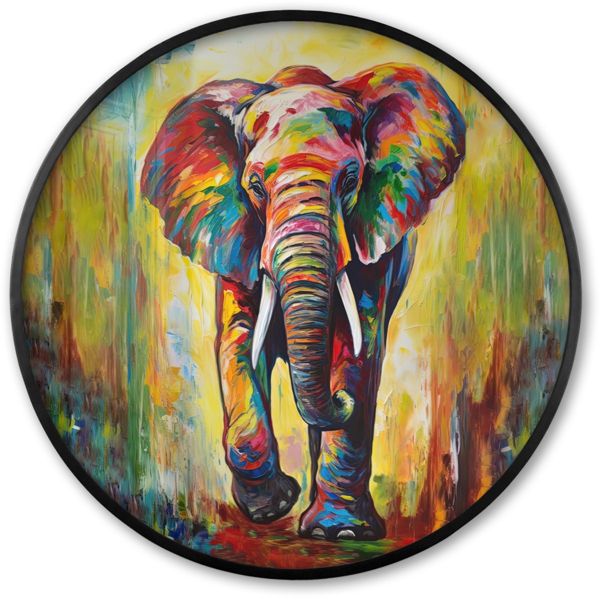 FrameYourWall Poster in lijst Rond - Fotolijst 60x60 cm - Posters - Olifant - Kunst - Schilderij - Dieren - Regenboog - Ronde posterlijst zwart - Decoratie - Wanddecoratie woonkamer - Muurdecoratie slaapkamer Olifant - Verf