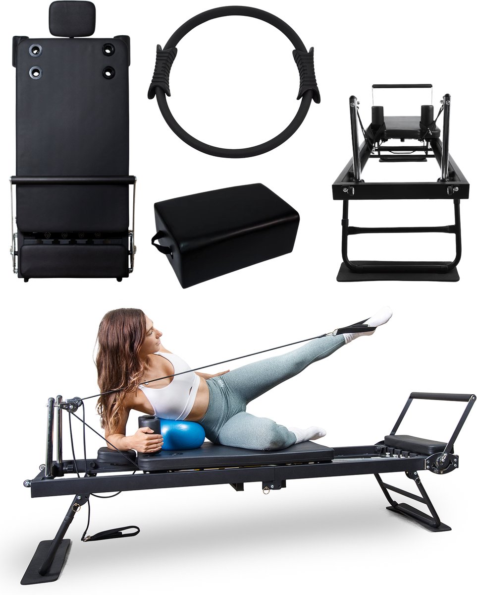 SET: Pilates Reformer Set – Reformer, Pilates Box & Pilates Ring – Inklapbaar & Verstelbaar – Zwart – Voor Thuis & Studio - SET: - €568,99