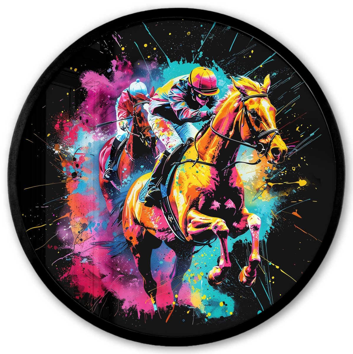 FrameYourWall Poster in lijst Rond - Fotolijst 40x40 cm - Posters - Graffiti - Sport - Paard rensport - Paardrijden - Ronde posterlijst zwart - Decoratie - Wanddecoratie woonkamer - Muurdecoratie slaapkamer