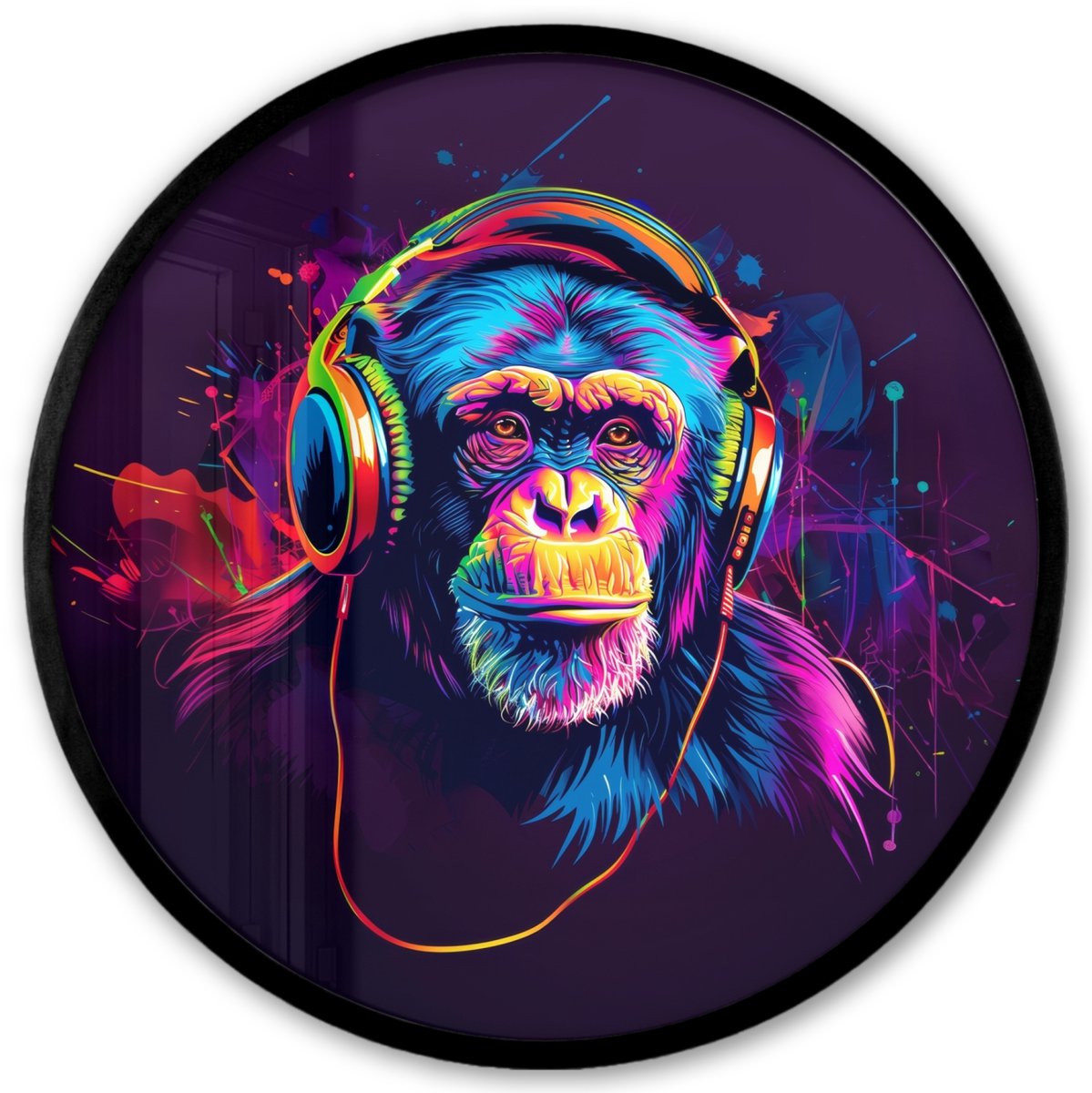 FrameYourWall Poster in lijst Rond - Fotolijst 40x40 cm - Posters - Aap - Koptelefoon - Muziek - Kleurrijk - Ronde posterlijst zwart - Decoratie - Wanddecoratie woonkamer - Muurdecoratie slaapkamer Aap - Neon