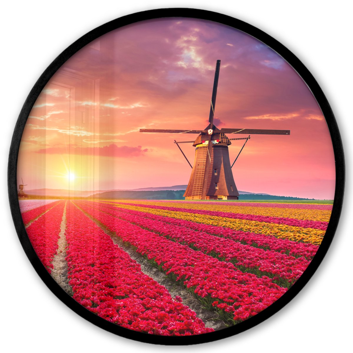 FrameYourWall Poster in lijst Rond - Fotolijst 40x40 cm - Posters - Bloemen - Tulpen - Bloemenveld - Molens - Holland - Ronde posterlijst zwart - Decoratie - Wanddecoratie woonkamer - Muurdecoratie slaapkamer Bloemen - Tulpenveld