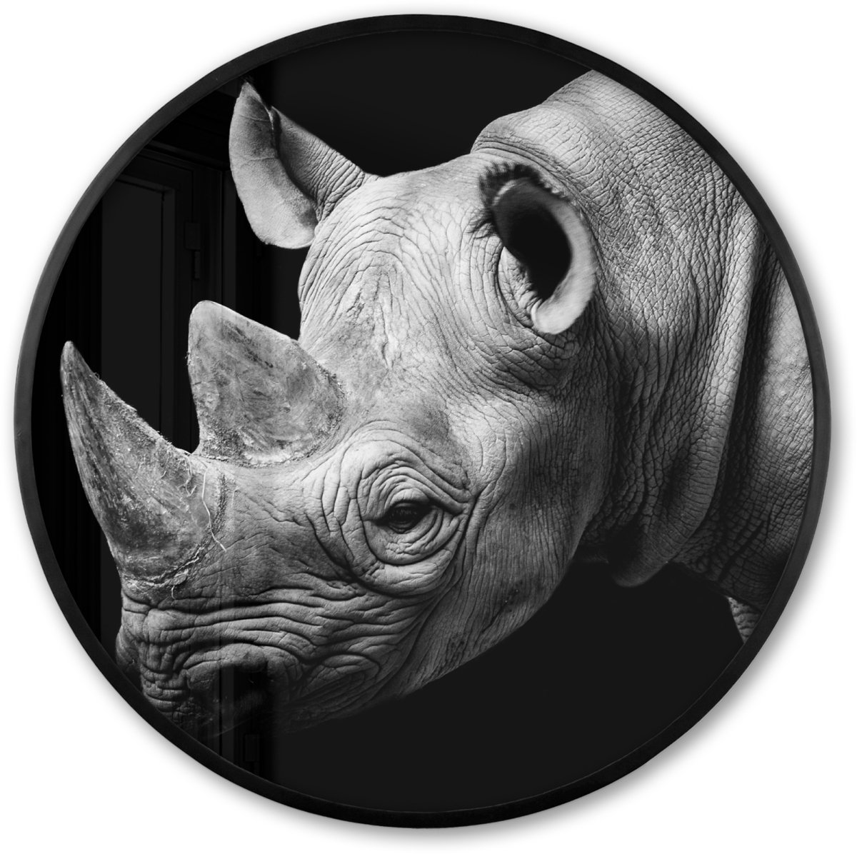 FrameYourWall Poster in lijst Rond - Fotolijst 60x60 cm - Posters - Dieren - Neushoorn - Zwart - Wit - Portret - Ronde posterlijst zwart - Decoratie - Wanddecoratie woonkamer - Muurdecoratie slaapkamer Multicolor
