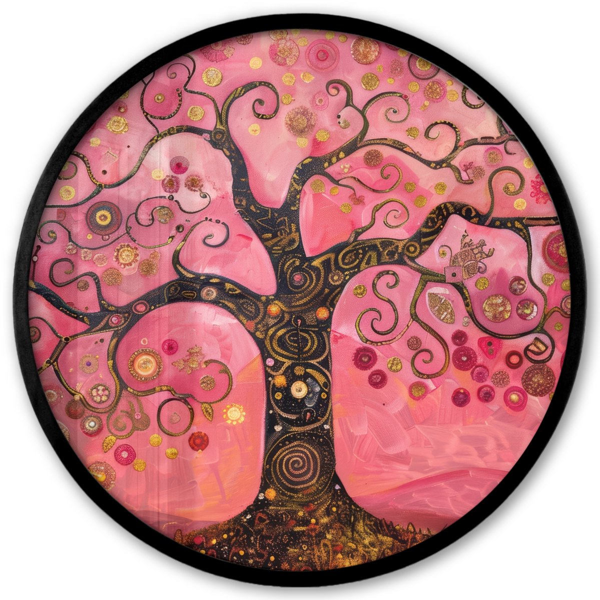 FrameYourWall Poster in lijst Rond - Fotolijst 40x40 cm - Posters - Boom - Levensboom - Roze - Goud - Ronde posterlijst zwart - Decoratie - Wanddecoratie woonkamer - Muurdecoratie slaapkamer