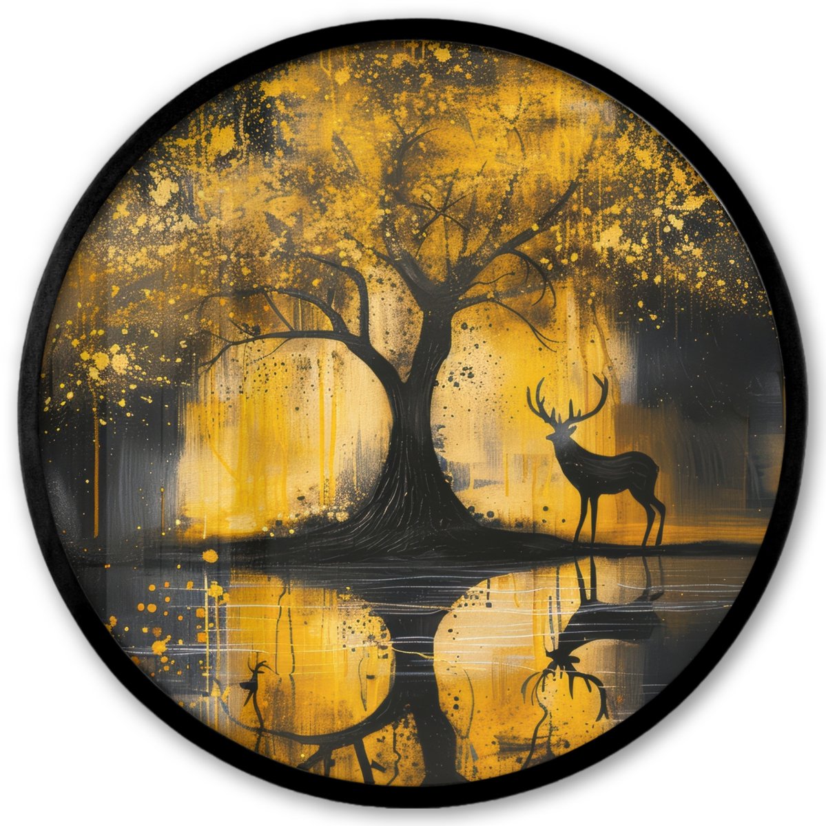 FrameYourWall Poster in lijst Rond - Fotolijst 40x40 cm - Posters - Boom - Verflook - Hert - Natuur - Goud - Ronde posterlijst zwart - Decoratie - Wanddecoratie woonkamer - Muurdecoratie slaapkamer