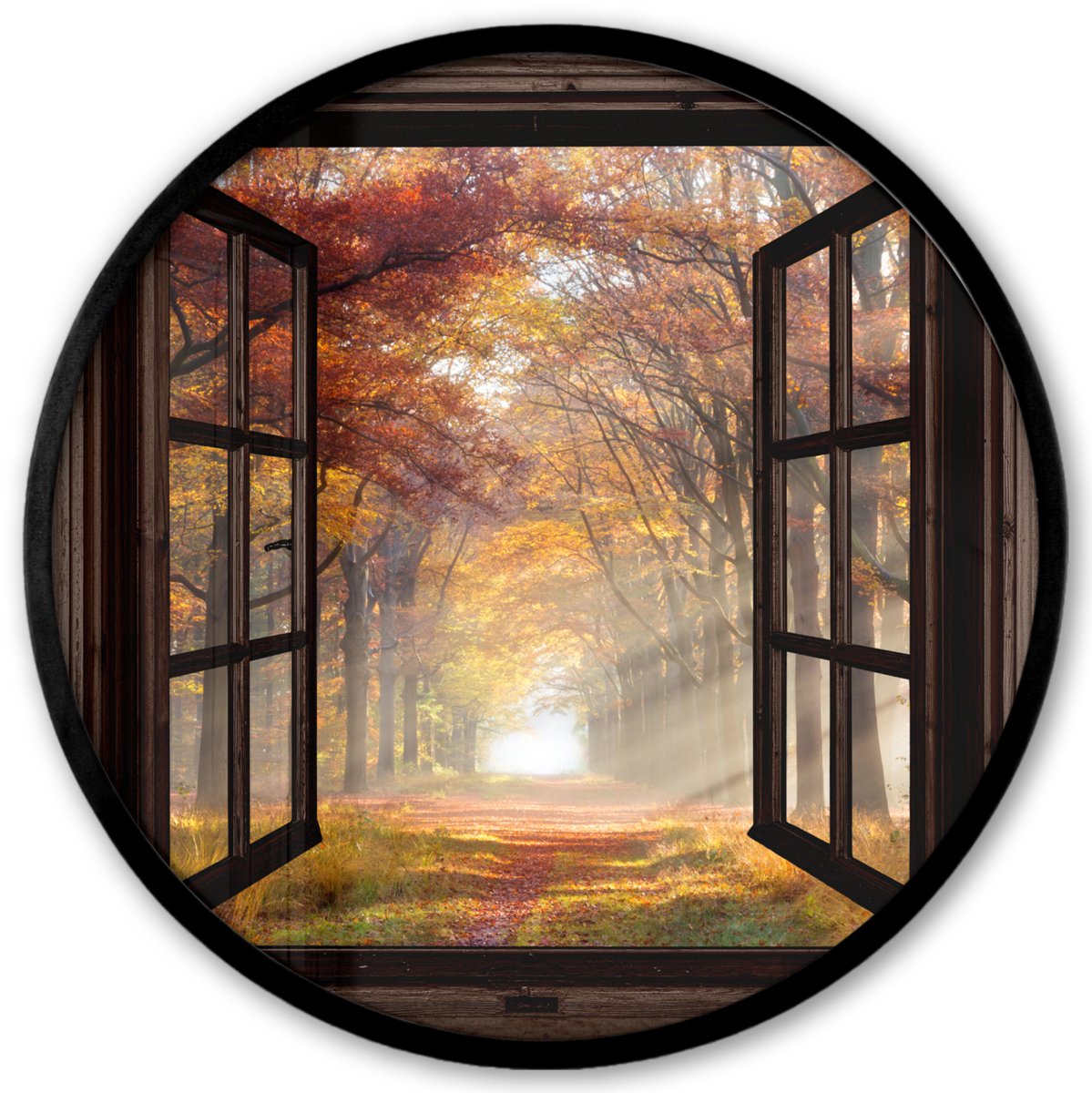 FrameYourWall Poster in lijst Rond - Fotolijst 40x40 cm - Posters - Herfst - Bos - Bomen - Natuur - Doorkijk - Ronde posterlijst zwart - Decoratie - Wanddecoratie woonkamer - Muurdecoratie slaapkamer Bruin