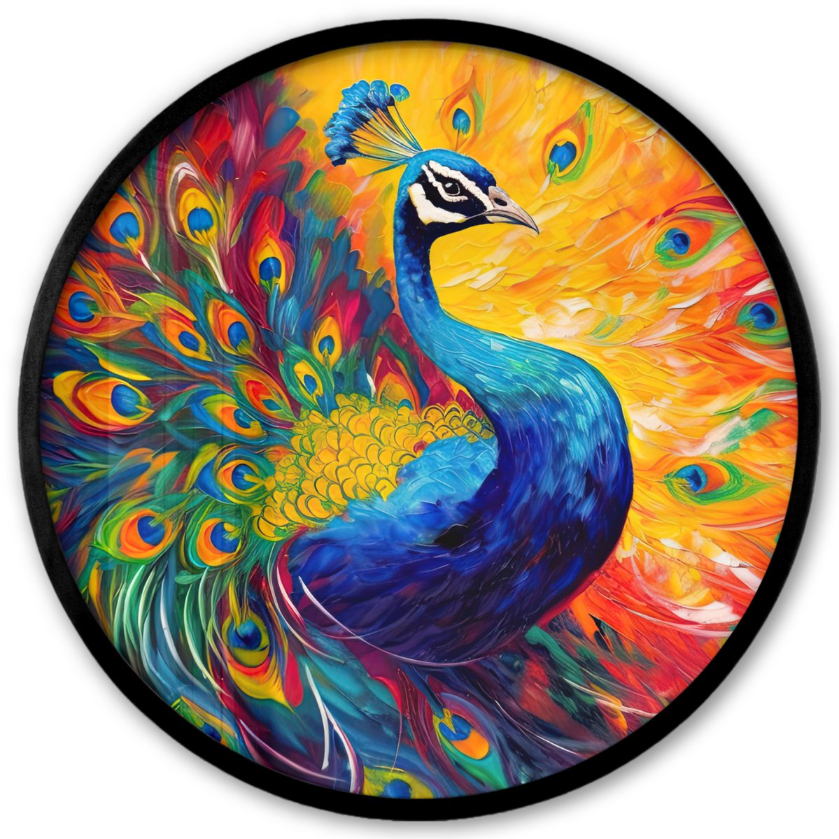 FrameYourWall Poster in lijst Rond - Fotolijst 40x40 cm - Posters - Pauw - Kunst - Schilderij - Pauwenveren - Ronde posterlijst zwart - Decoratie - Wanddecoratie woonkamer - Muurdecoratie slaapkamer Pauw - Verf