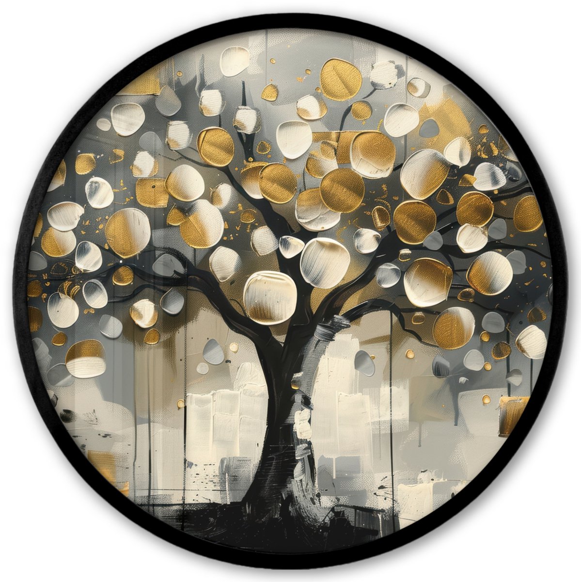 FrameYourWall Poster in lijst Rond - Fotolijst 40x40 cm - Posters - Boom - Abstract - Beige - Goud - Zwart - Ronde posterlijst zwart - Decoratie - Wanddecoratie woonkamer - Muurdecoratie slaapkamer