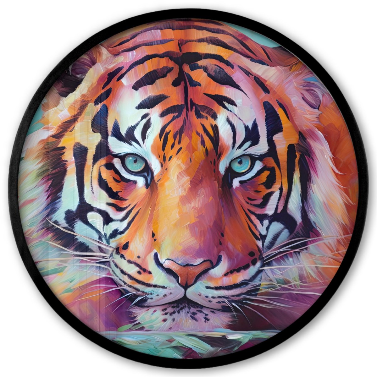 FrameYourWall Poster in lijst Rond - Fotolijst 40x40 cm - Posters - Tijger - Olieverf - Dieren - Kunst - Ronde posterlijst zwart - Decoratie - Wanddecoratie woonkamer - Muurdecoratie slaapkamer Olieverf - Tijger Roze