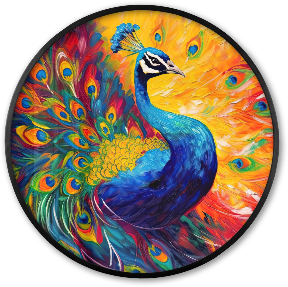 FrameYourWall Poster in lijst Rond - Fotolijst 60x60 cm - Posters - Pauw - Kunst - Schilderij - Pauwenveren - Ronde posterlijst zwart - Decoratie - Wanddecoratie woonkamer - Muurdecoratie slaapkamer Pauw - Verf