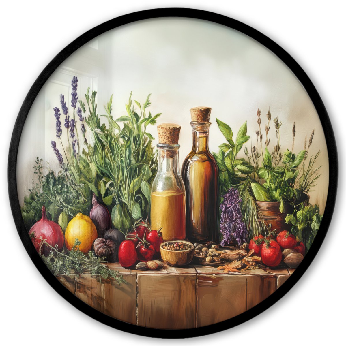 FrameYourWall Poster in lijst Rond - Fotolijst 40x40 cm - Posters - Stilleven - Kruiden - Specerijen - Fruit - Kleurrijk - Ronde posterlijst zwart - Decoratie - Wanddecoratie woonkamer - Muurdecoratie slaapkamer