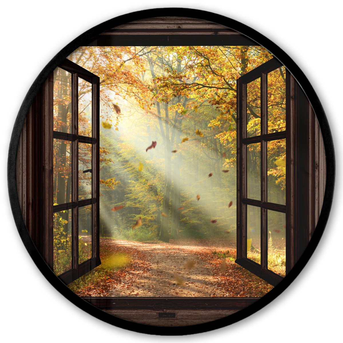 FrameYourWall Poster in lijst Rond - Fotolijst 40x40 cm - Posters - Bos - Bomen - Herfst - Zon - Herfstbladeren - Natuur - Doorkijk - Ronde posterlijst zwart - Decoratie - Wanddecoratie woonkamer - Muurdecoratie slaapkamer Bruin