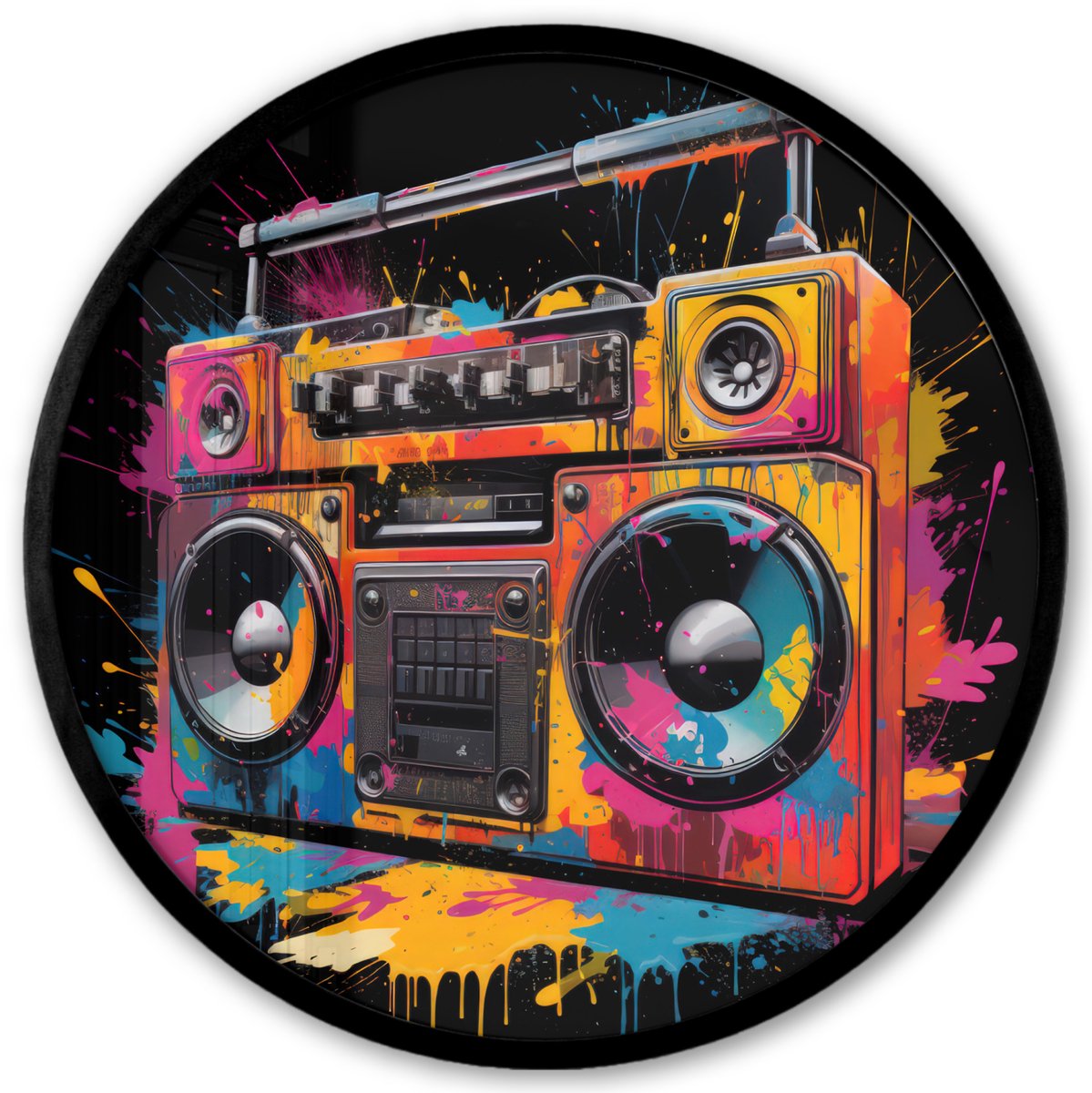 FrameYourWall Poster in lijst Rond - Fotolijst 40x40 cm - Posters - Radio - Graffiti - Box - Kleuren - Zwart - Ronde posterlijst zwart - Decoratie - Wanddecoratie woonkamer - Muurdecoratie slaapkamer