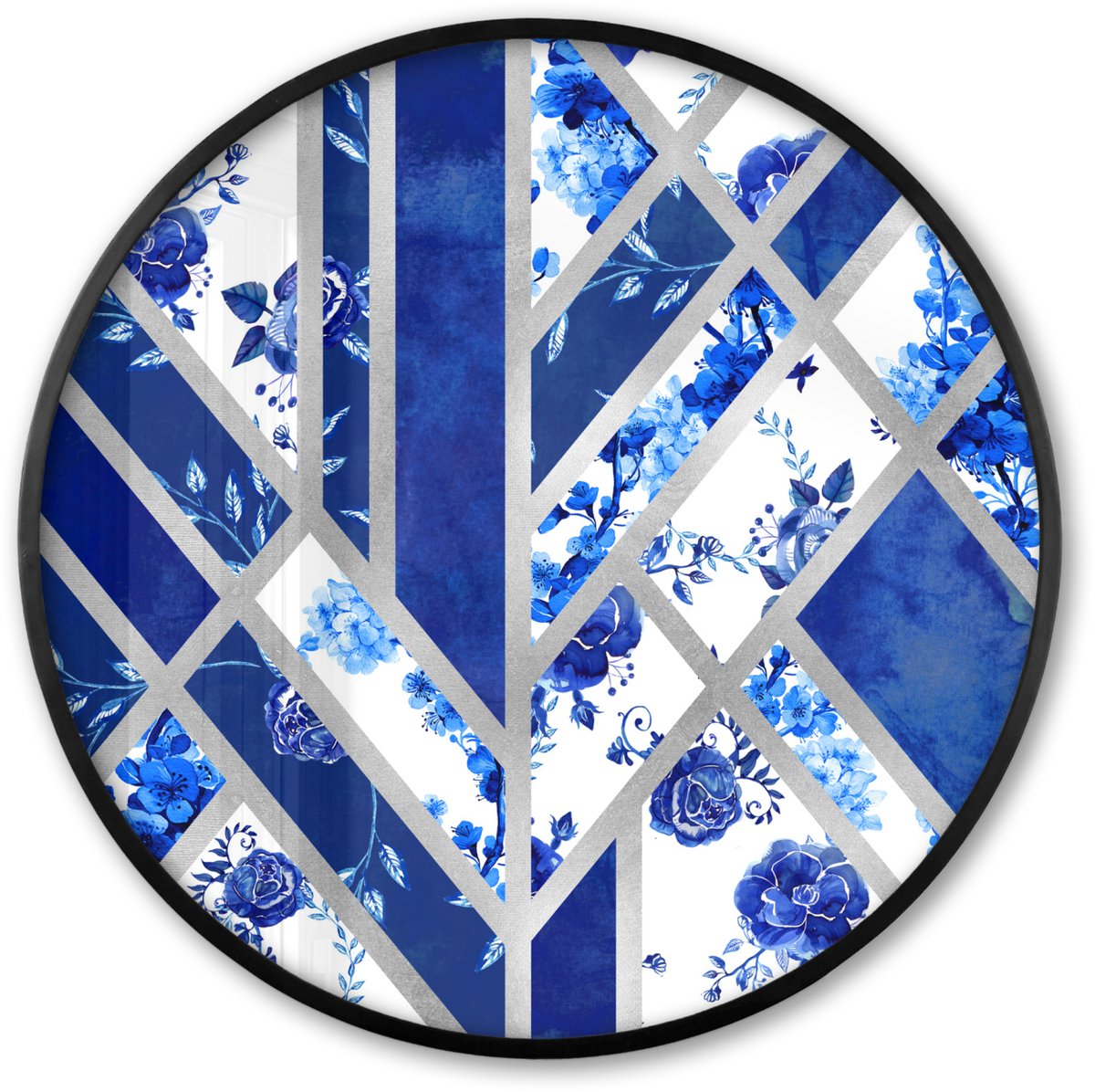 FrameYourWall Poster in lijst Rond - Fotolijst 80x80 cm - Posters - Delfts blauw - Patroon - Abstract - Ronde posterlijst zwart - Decoratie - Wanddecoratie woonkamer - Muurdecoratie slaapkamer Multicolor