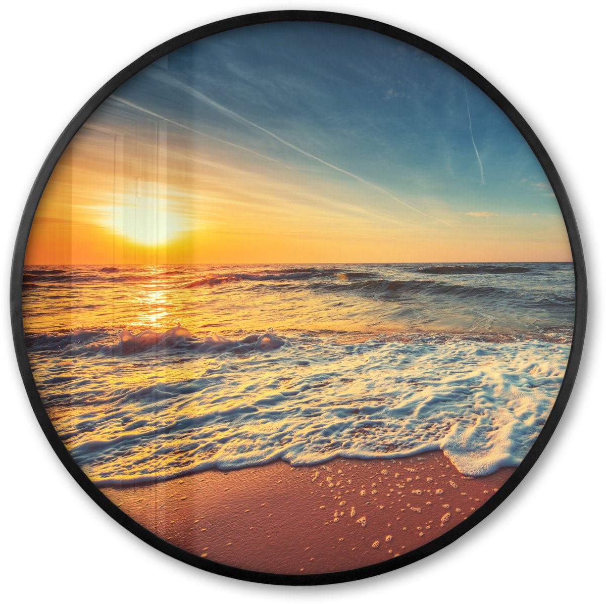 FrameYourWall Poster in lijst Rond - Fotolijst 60x60 cm - Posters - Strand - Zee - Zonsondergang - Goud - Ronde posterlijst zwart - Decoratie - Wanddecoratie woonkamer - Muurdecoratie slaapkamer Multicolor
