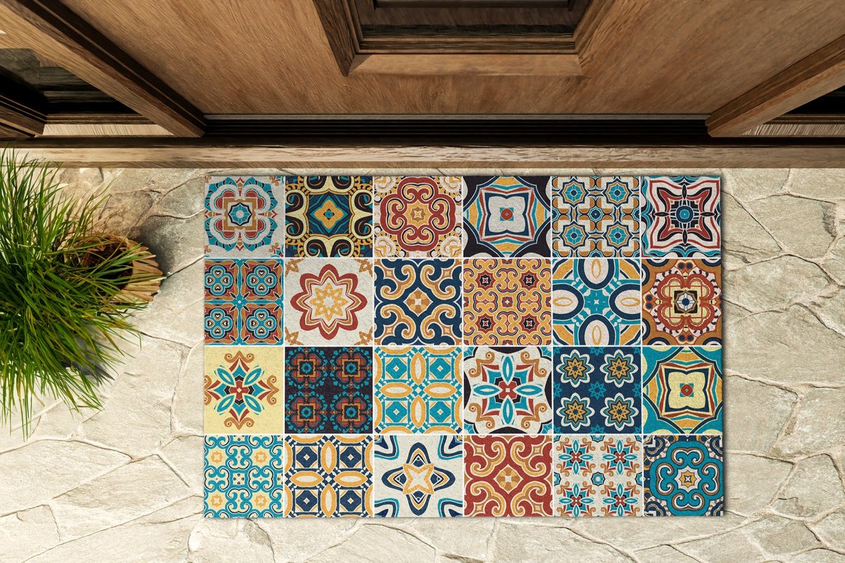 Coloray Buiten Deurmat - Blauw Droogloopmat Buiten - Azulejo tegels Vuilvangmat Buiten - Moderne Entree Inrichting - Zomer Buitenmat - Modieuze Buitenmat Met Design - 90x60 cm Blauw - Azulejo tegels