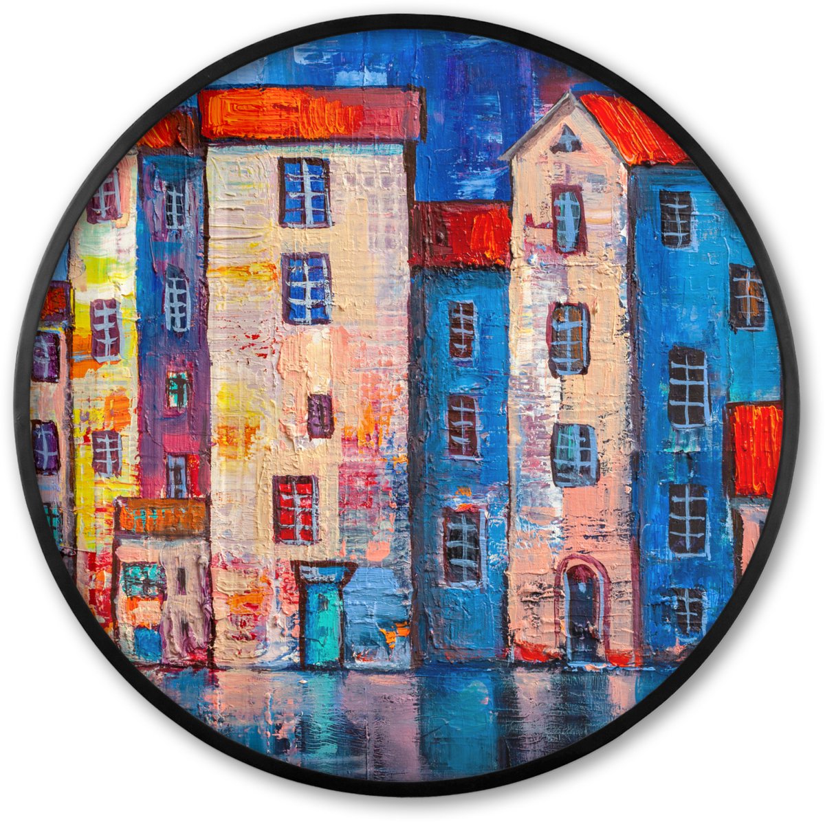 FrameYourWall Poster in lijst Rond - Fotolijst 60x60 cm - Posters - Schilderij - Olieverf - Huis - Water - Ronde posterlijst zwart - Decoratie - Wanddecoratie woonkamer - Muurdecoratie slaapkamer Multicolor