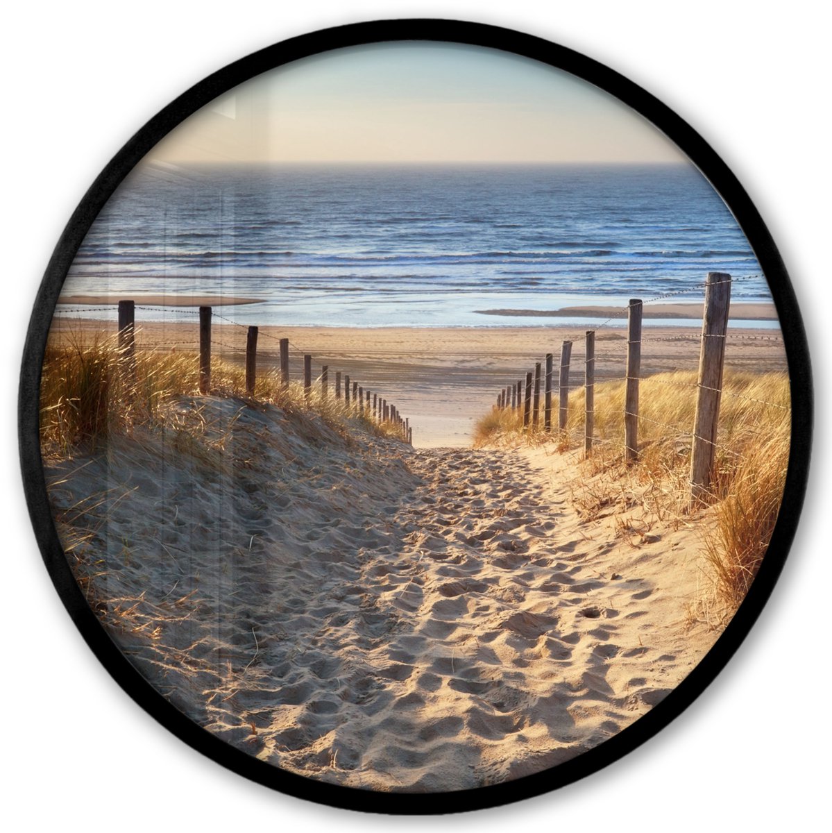 FrameYourWall Poster in lijst Rond - Fotolijst 40x40 cm - Posters - Strand - Zee - Nederland - Duinen - Zon - Ronde posterlijst zwart - Decoratie - Wanddecoratie woonkamer - Muurdecoratie slaapkamer Strand - Duinen - Pad