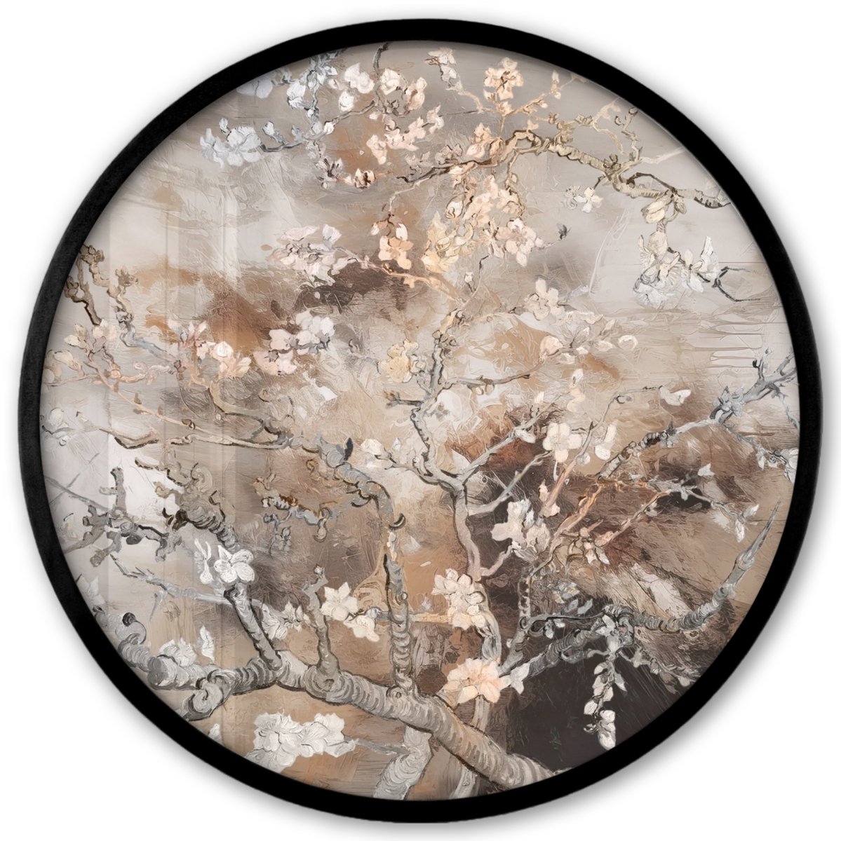 FrameYourWall Poster in lijst Rond - Fotolijst 40x40 cm - Posters - Amandelbloesem - Kunst - Van Gogh - Beige - Abstract - Ronde posterlijst zwart - Decoratie - Wanddecoratie woonkamer - Muurdecoratie slaapkamer