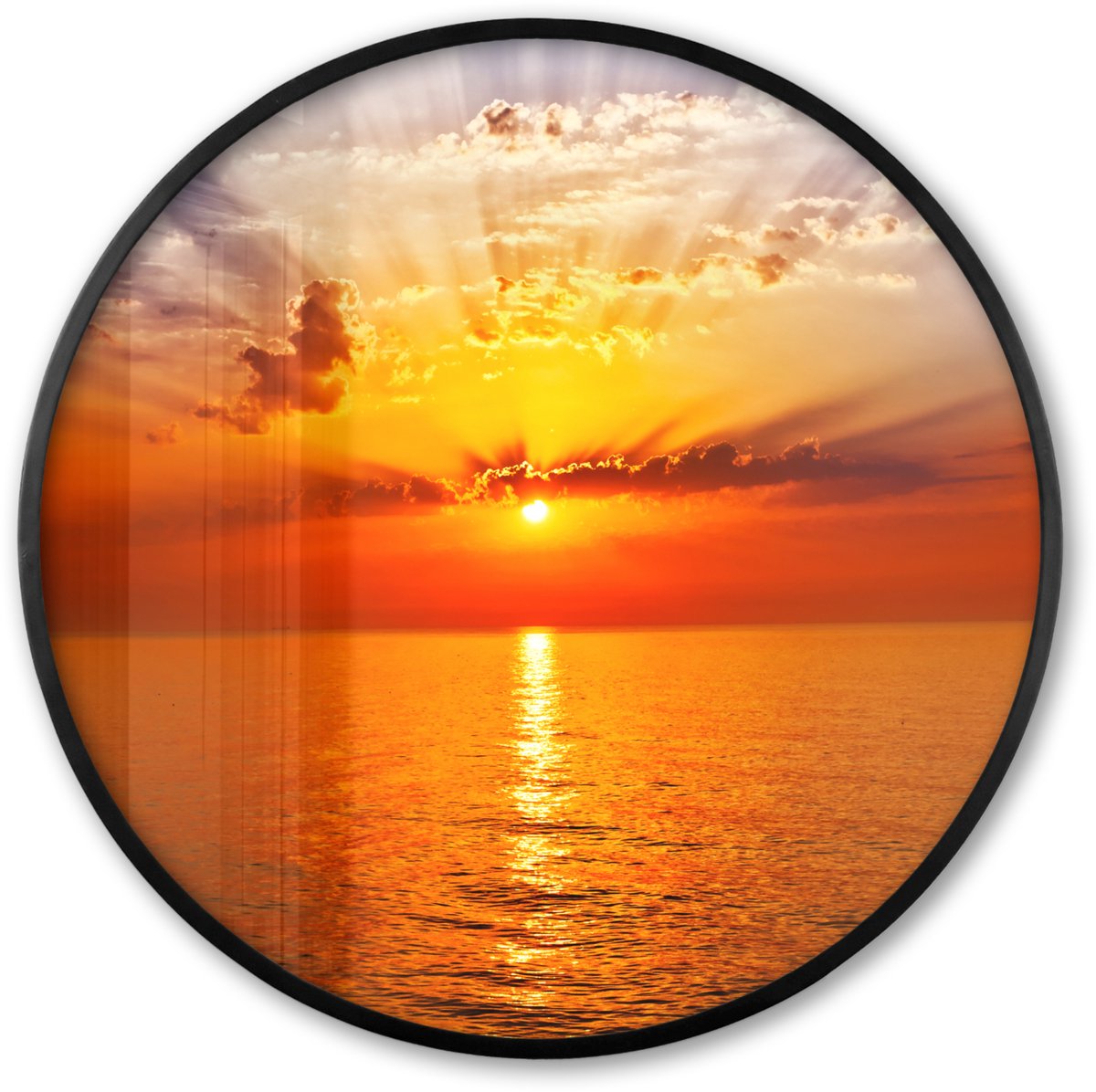 FrameYourWall Poster in lijst Rond - Fotolijst 80x80 cm - Posters - Zonsondergang - Zee - Lucht - Oranje - Horizon - Water - Ronde posterlijst zwart - Decoratie - Wanddecoratie woonkamer - Muurdecoratie slaapkamer