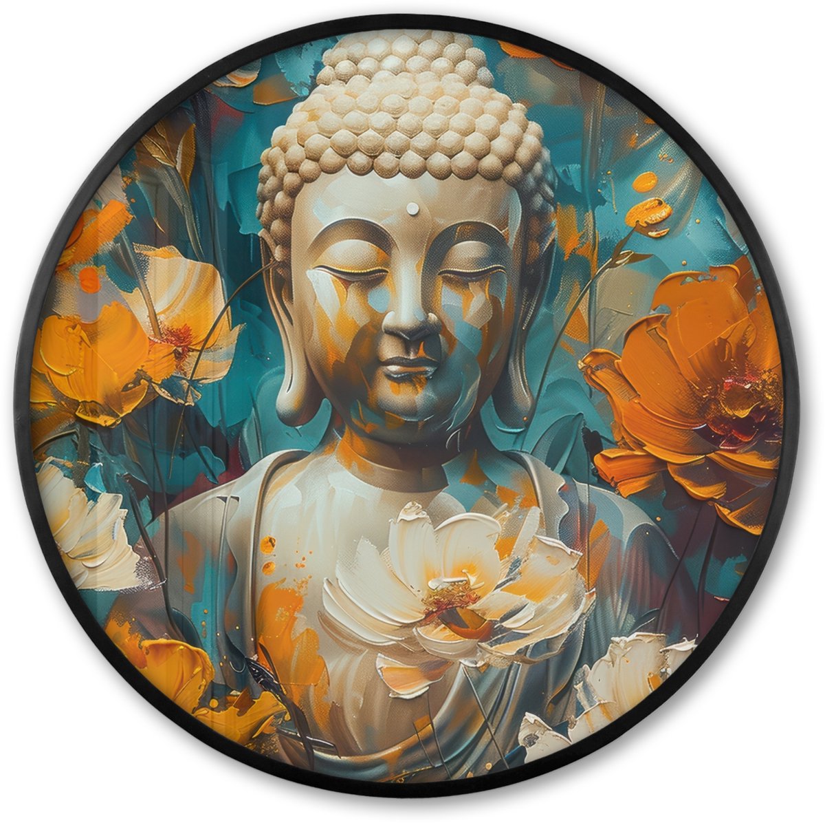 FrameYourWall Poster in lijst Rond - Fotolijst 80x80 cm - Posters - Buddha - Bloemen - Kleurrijk - Modern - Ronde posterlijst zwart - Decoratie - Wanddecoratie woonkamer - Muurdecoratie slaapkamer