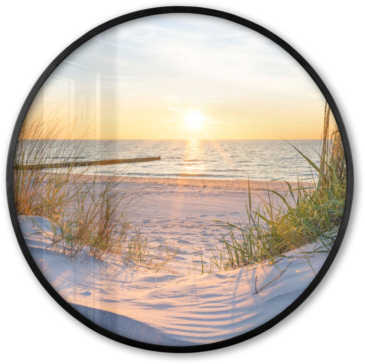 FrameYourWall Poster in lijst Rond - Fotolijst 60x60 cm - Posters - Strand - Zon - Duin - Gras - Zand - Horizon - Ronde posterlijst zwart - Decoratie - Wanddecoratie woonkamer - Muurdecoratie slaapkamer Strand - Duinen