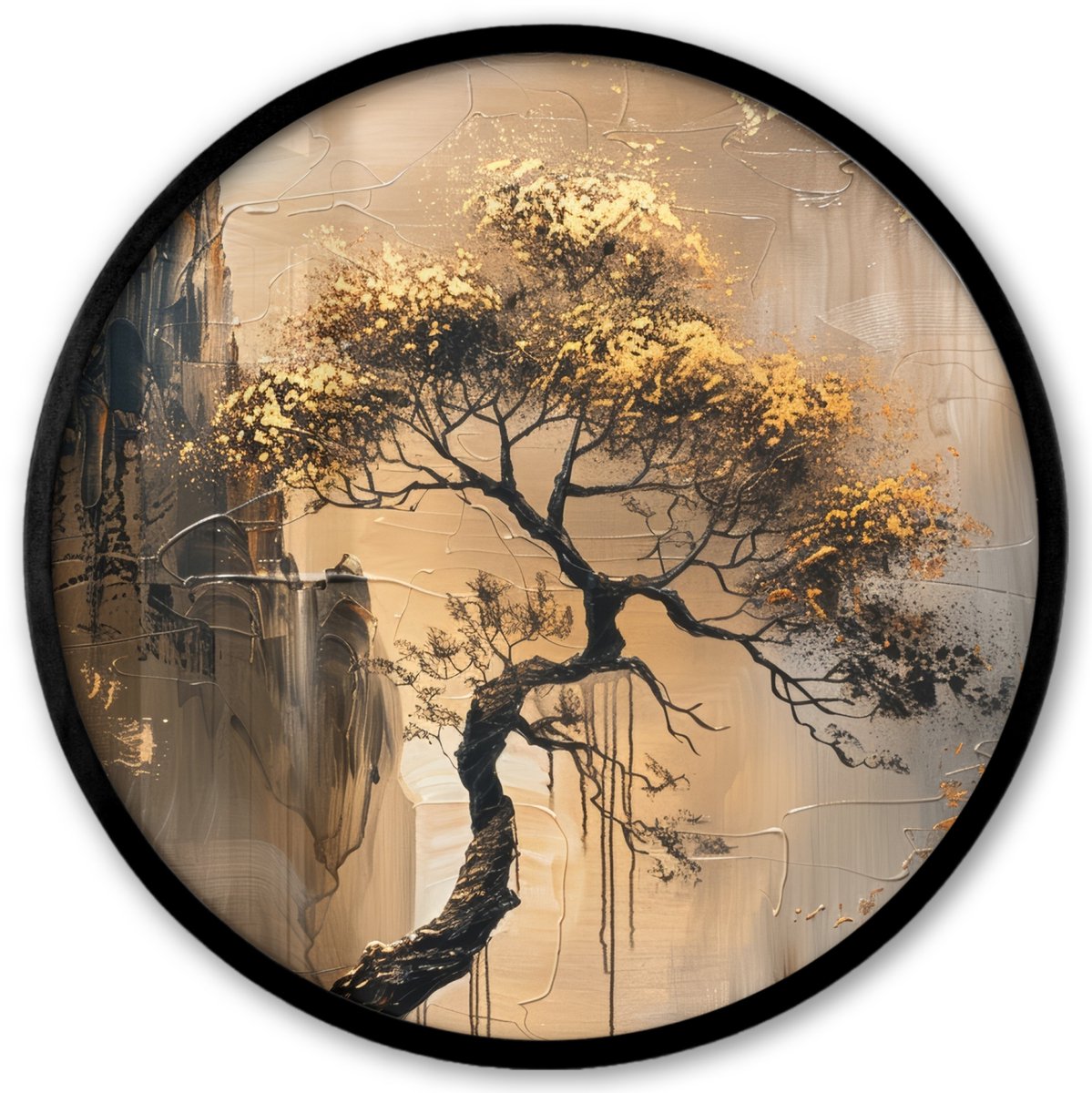 Poster in lijst Rond - Fotolijst 40x40 cm - Posters - Boom - Goud - Landschap - Verf - Ron