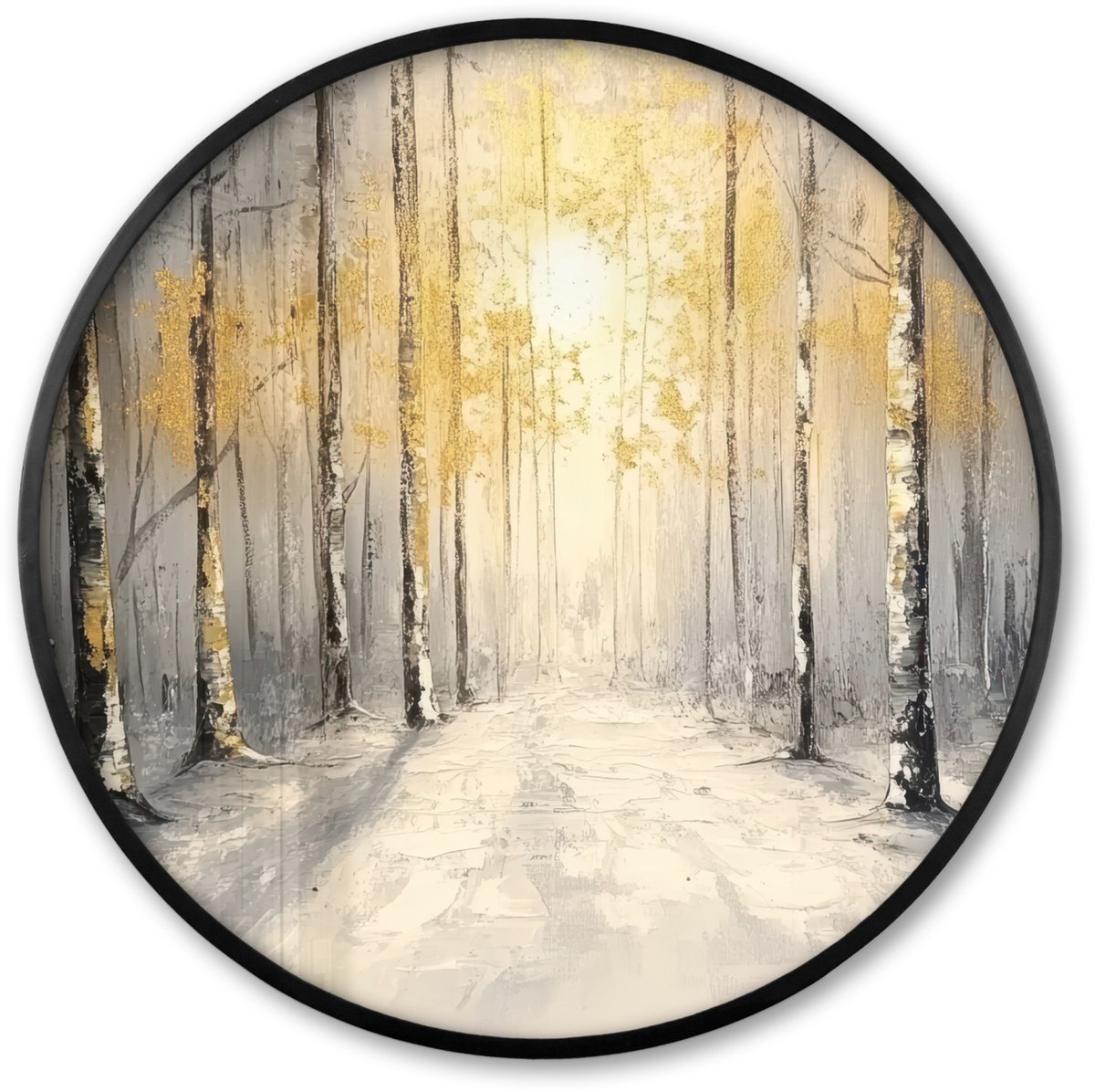 FrameYourWall Poster in lijst Rond - Fotolijst 80x80 cm - Posters - Winter - Abstract - Sneeuw - Natuur - Zon - Ronde posterlijst zwart - Decoratie - Wanddecoratie woonkamer - Muurdecoratie slaapkamer Winter - Bos