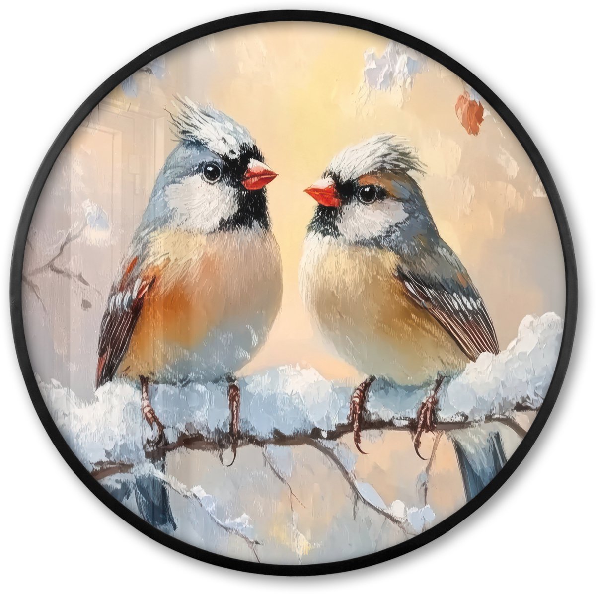FrameYourWall Poster in lijst Rond - Fotolijst 80x80 cm - Posters - Vogels - Tak - Winter - Sneeuw - Ronde posterlijst zwart - Decoratie - Wanddecoratie woonkamer - Muurdecoratie slaapkamer Winter - Vogels