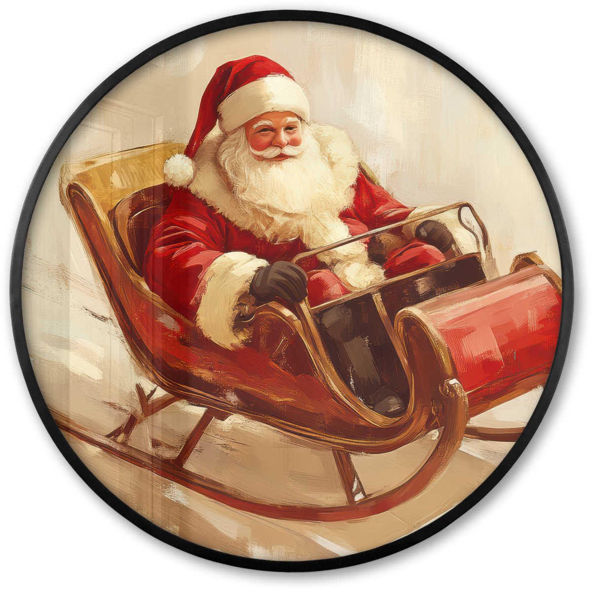 FrameYourWall Poster in lijst Rond - Fotolijst 60x60 cm - Posters - Kerst - Slee - Kerstman - Ronde posterlijst zwart - Decoratie - Wanddecoratie woonkamer - Muurdecoratie slaapkamer - Kerstversiering - Kerstdecoratie voor binnen - Kerstmis Kerstman - Slee