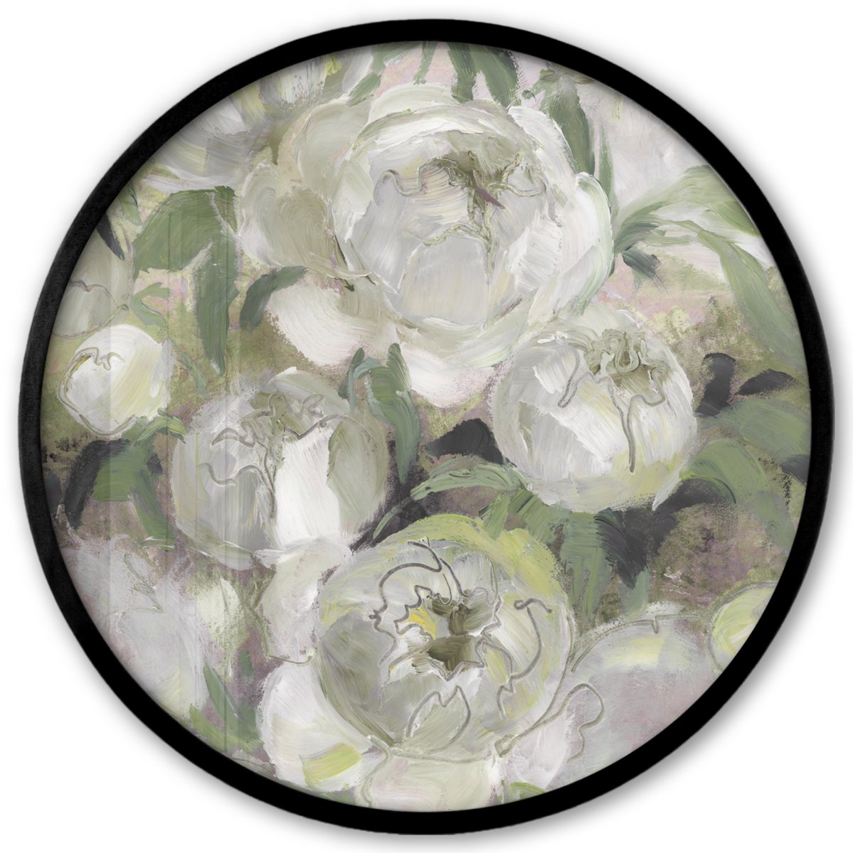 FrameYourWall Poster in lijst Rond - Fotolijst 40x40 cm - Posters - Bloemen - Planten - Bladeren - Wit - Ronde posterlijst zwart - Decoratie - Wanddecoratie woonkamer - Muurdecoratie slaapkamer Multicolor