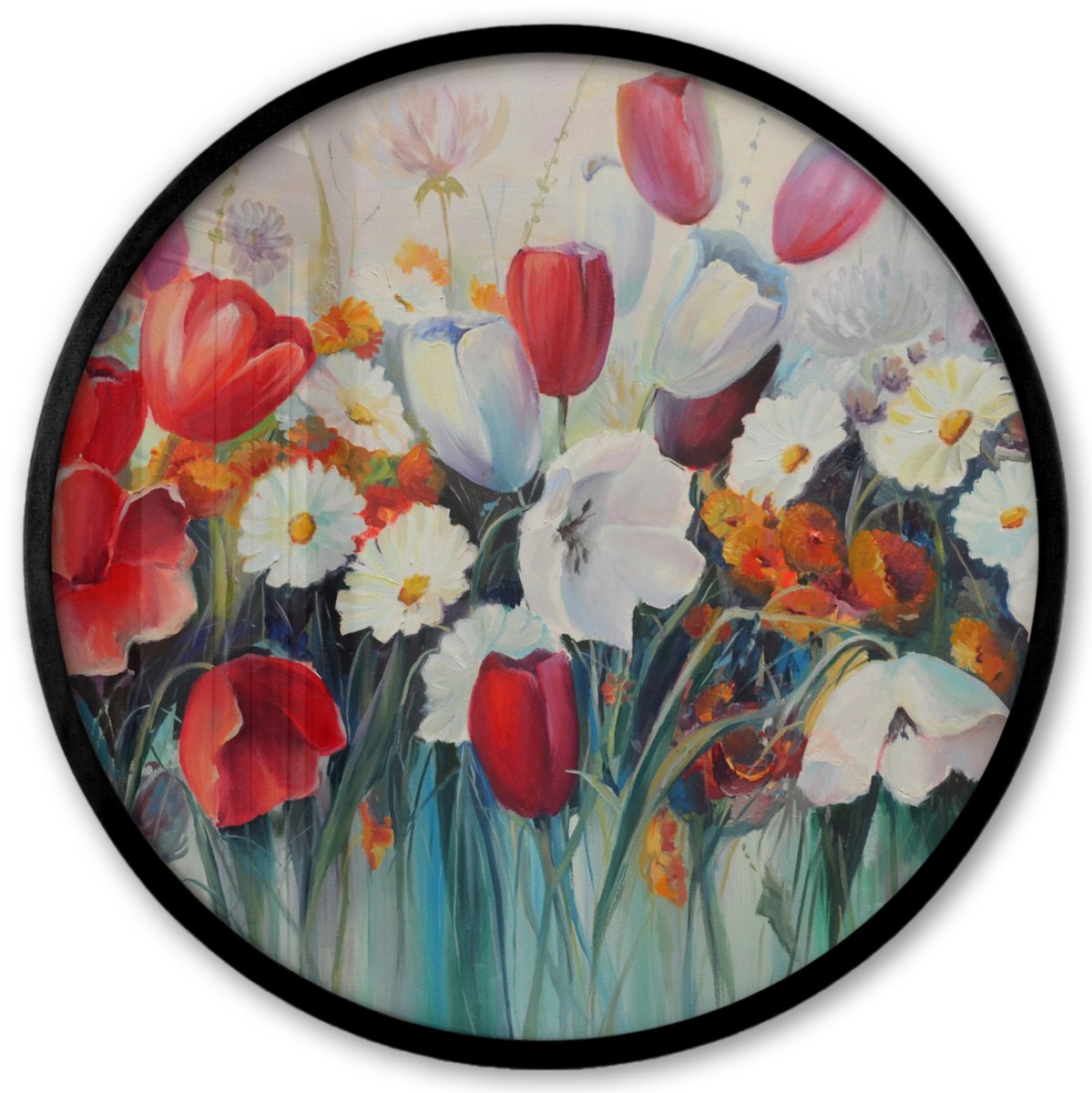 FrameYourWall Poster in lijst Rond - Fotolijst 40x40 cm - Posters - Schilderij - Olieverf - Bloemen - Ronde posterlijst zwart - Decoratie - Wanddecoratie woonkamer - Muurdecoratie slaapkamer Multicolor