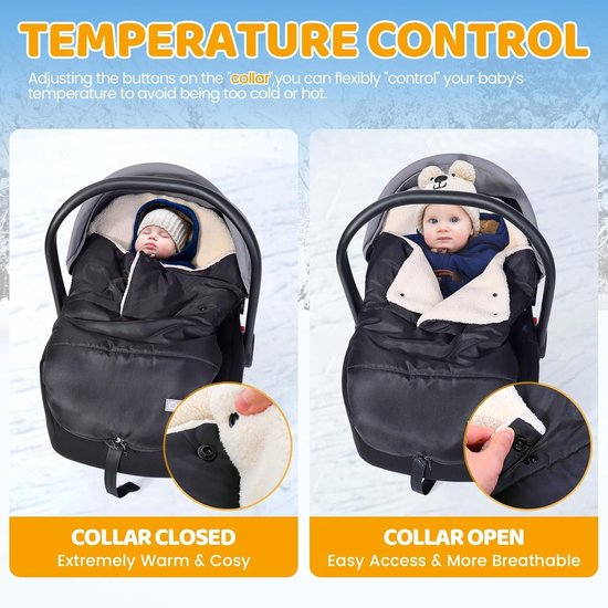 Voetenzak babyschaal winter, universele wikkeldeken, babyschaal winter met verstelbare kraag, warme berberfleece voering, ritssluiting, geschikt voor Maxi-Cosi, Cybex, Romeinen enz. (zwart) — afbeelding 2
