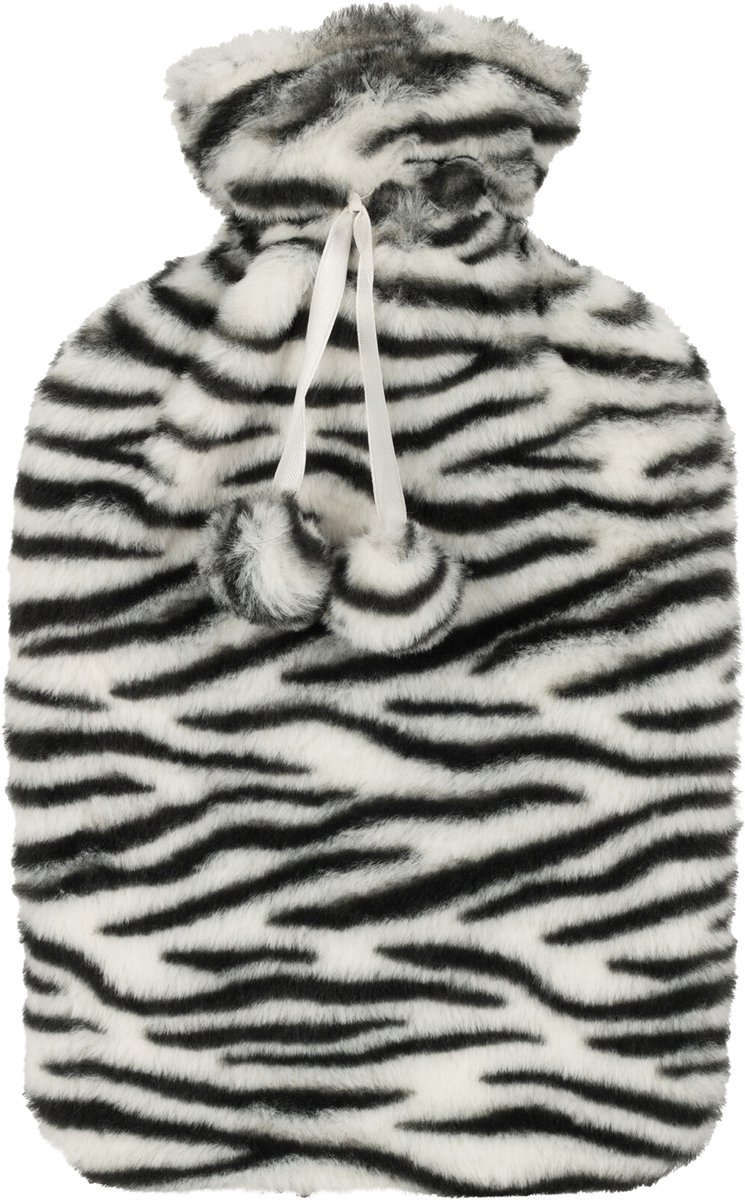 H&S Collection Warmwaterkruik - zebra print - met zachte dierenprint hoes - wit/zwart - 1,75L - kruik