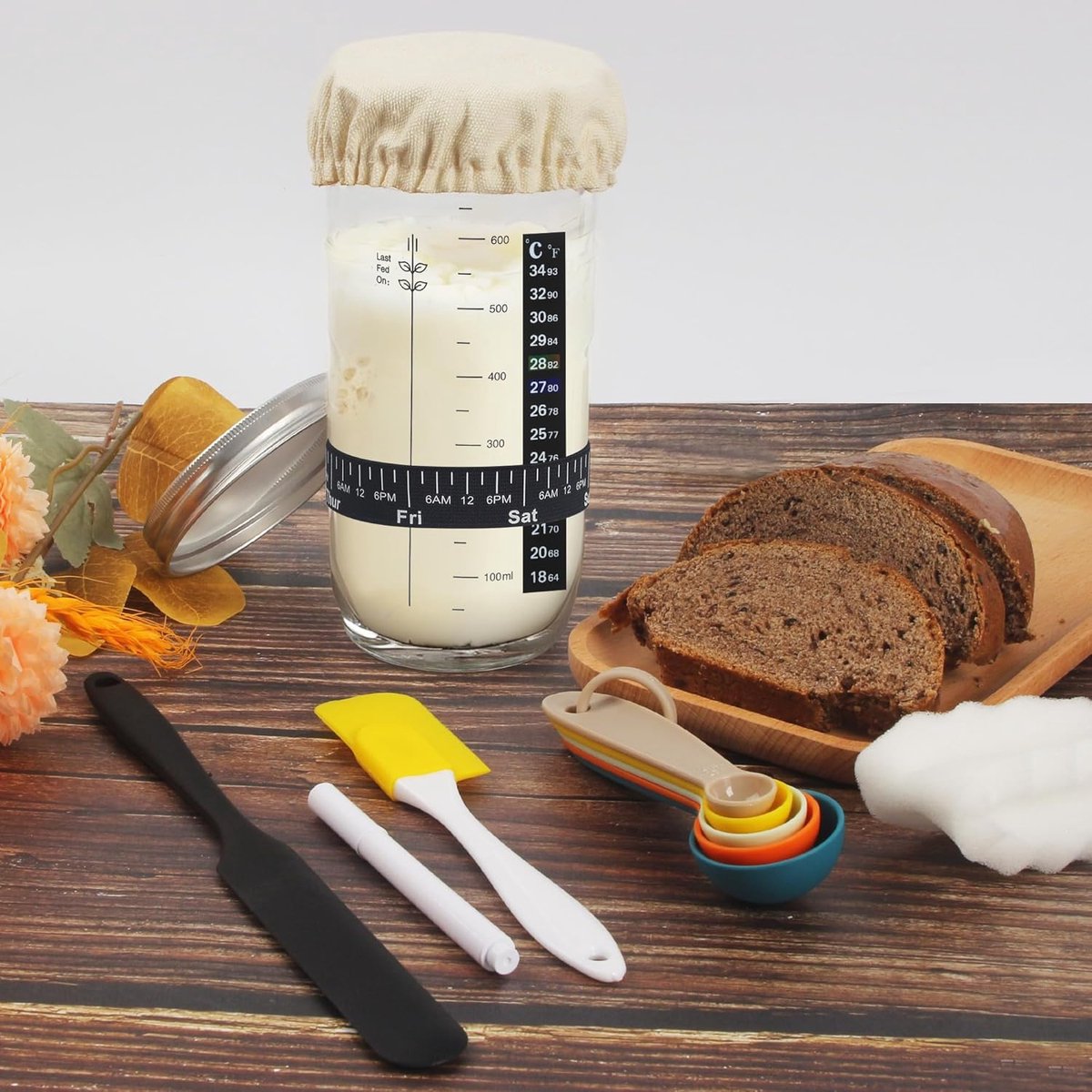Famanu - Zuurdesem Starter Jar Kit, 700 ML Zuurdesembrood-bakcontainer, Brood Fermentatie met Datum Gemarkeerde Voedingsband Thermometer Doek Cover & Metalen Deksel Herbruikbare Bakaccessoires