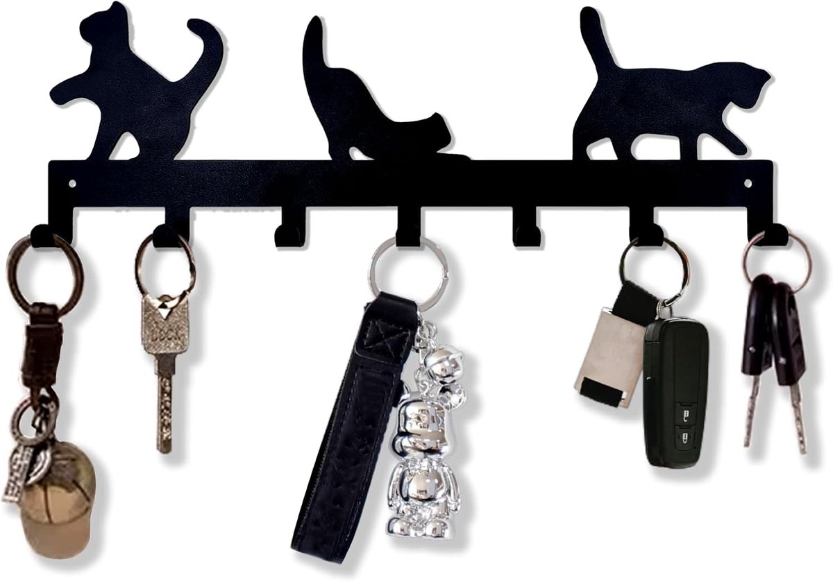 Sleutelhouder Wand – Katten Sleutelrek – Metaal Zwart – 3 Katten – 7 Haken – Sleutelorganizer Muur – Hal, Keuken, Kantoor – 30,5 cm