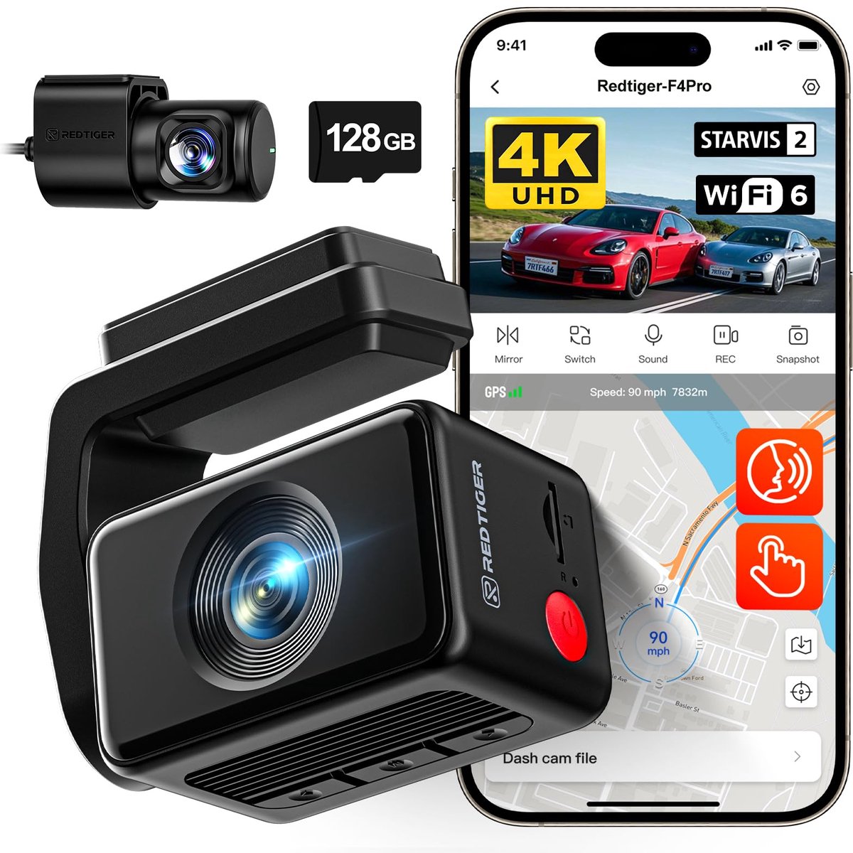 Redtiger F4 Pro 4K Touch Wifi Gps 2CH 128gb dashcam - 2,2 inch touchscreen Lcd - 4K + Full HD resolutie - 128gb Micro SD kaart thumbnail 5