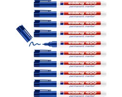 edding 400 permanent marker - blauw - 10 stiften - ronde punt 1 mm - watervast, sneldrogend - wrijfvast - voor karton, kunststof, hout, metaal, glas