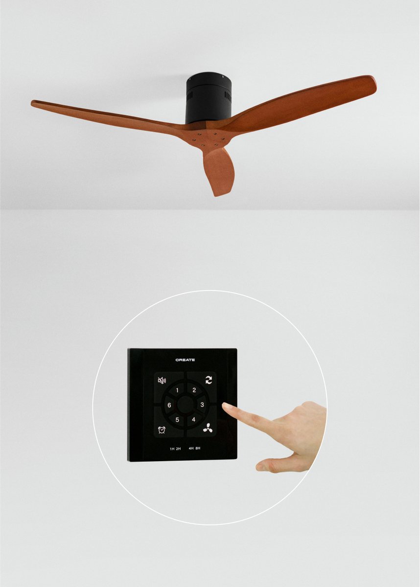 CREATE - Plafondventilator 40W silent 100% hout (Ø132cm) (ruimtes 10m²-25m²) - Zwart / Donker hout - Geen licht - Controller voor wandmontage + afstandsbediening - WIND CALM NATURAL WOOD