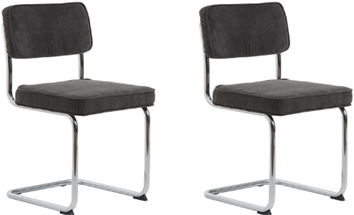 LevaLeva Rupert eetkamerstoel set van 2- rib stof - grijs - buisframe - chroom