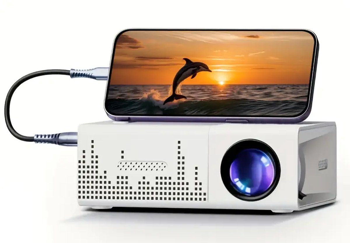 PolkaHome® Mini Home Projector met LED-lamp, 1080P Full HD & 3D-Klaar, Ingebouwde Stereo Speakers, Afstandsbediening mini Projector. Plug-and-Play Compacte Projector. mini beamer voor Films, Gaming, Streamen (Compatibel met Telefoons/Tablets/Laptops)