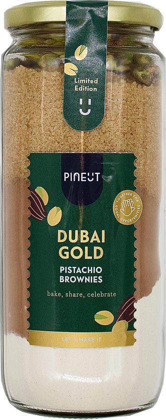 Préparation pour brownies – Brownies Dubai Gold – Préparation pour gâteau de Luxe à DIY au chocolat, à la cardamome et aux pistaches – Édition Limited – Pineut