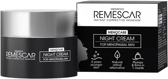 Zwarte pot en doos van Remescar Menocare Night Cream. Voor de menopauzale huid.