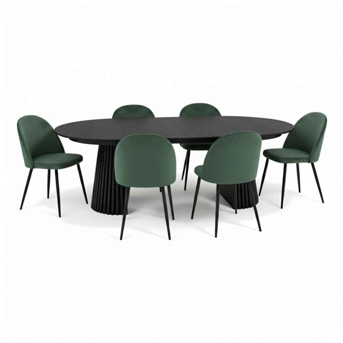 Tokyo eethoek eettafel zwart, 6 stoelen met groene velours bekleding.
