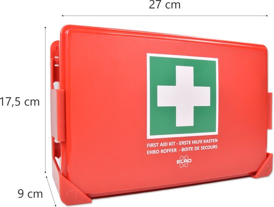 Afmetingen van de rode EHBO-koffer: 27 cm breed, 17,5 cm hoog en 9 cm diep.