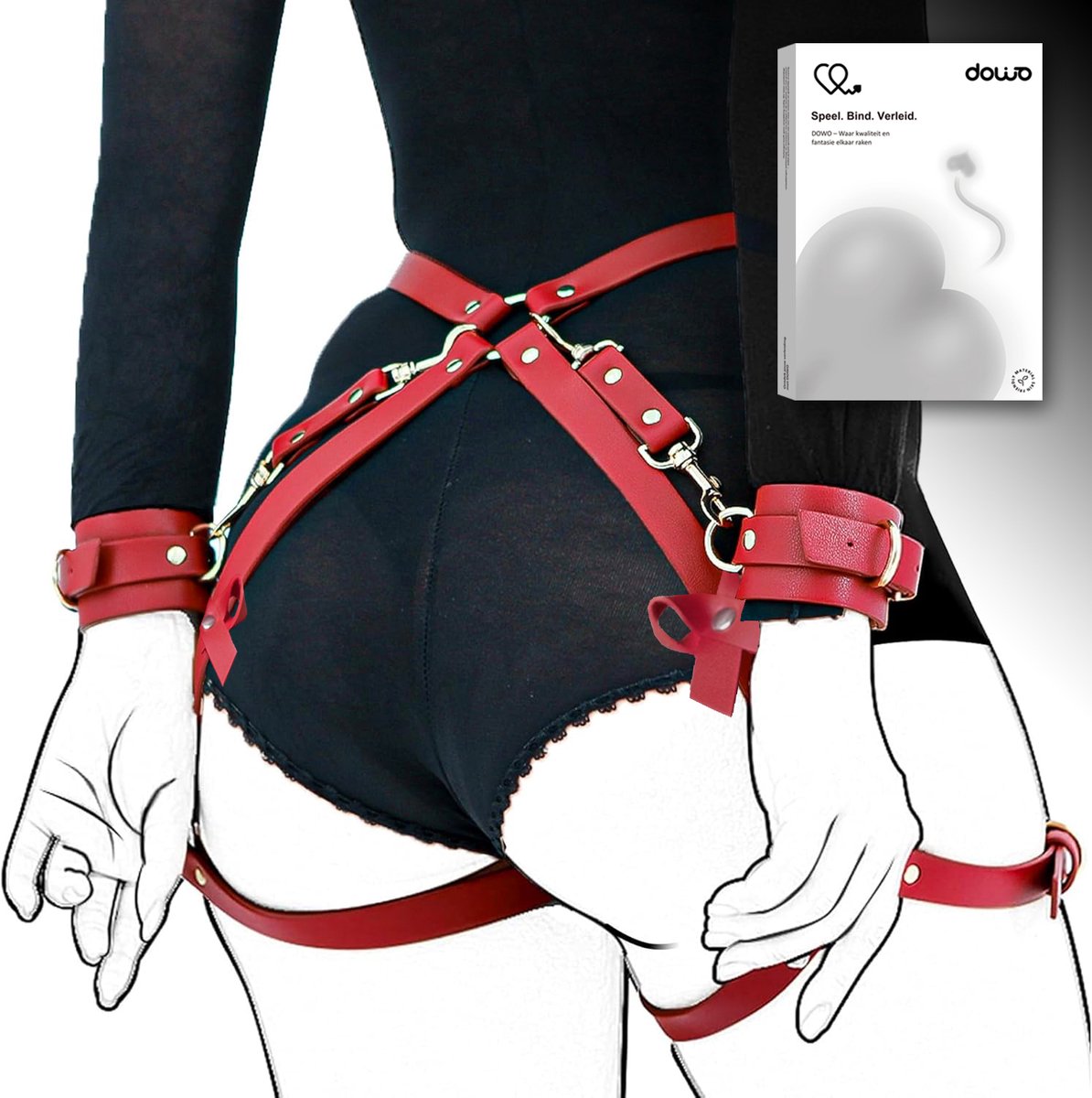DOWO® - Body Bondage - met Strikknoop - Handboeien - Kleding Accessoires - Sexy Lingerie - Erotiek Riem - SM BDSM - Leer- Harnas Vrouwen - Sextoys voor vrouwen - Rood