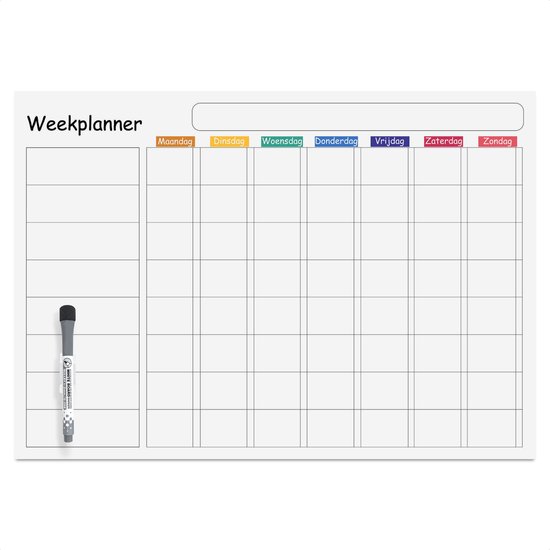 Planning hebdomadaire PlakWaarJeWilt XL – Tableau blanc autocollant avec marqueur – 60 x 40 cm – Réutilisable et pratique