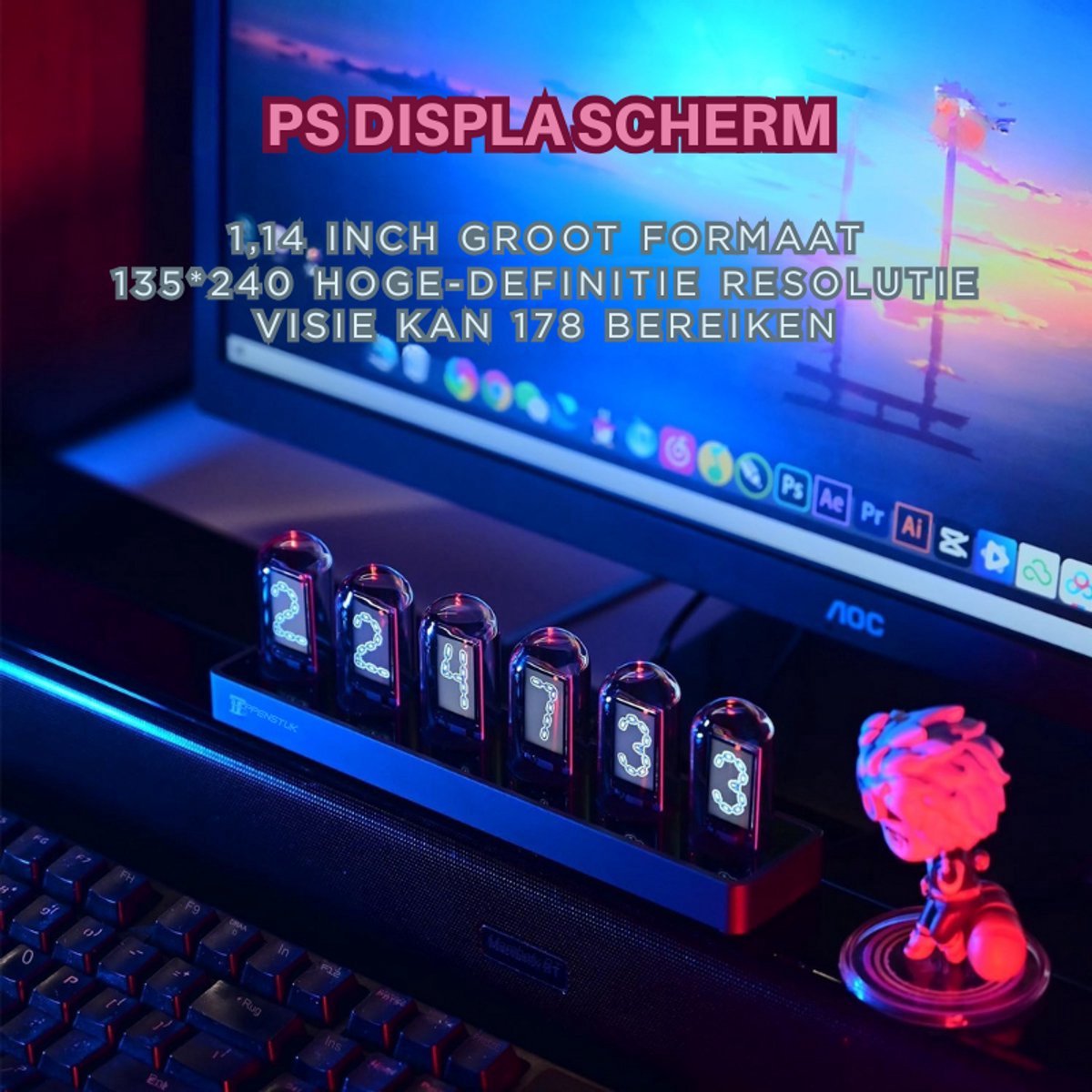 Thuys – Tube Clock Met Glow Tube – IPS Kleurenscherm – Digitale Klok Met WiFi – Analoge En Digitale Tijdweergave